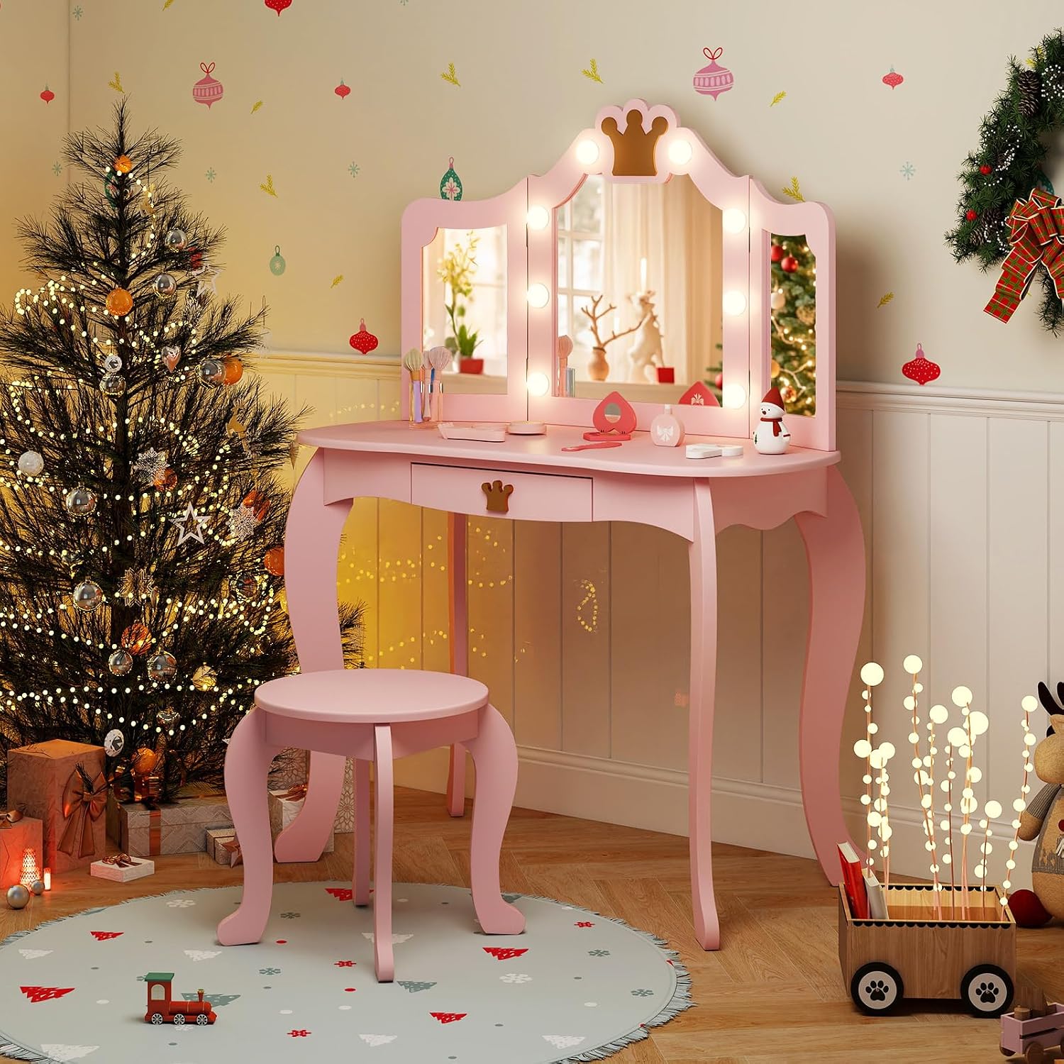 HONEY JOY Kids Vanity with Lights, Crown Girls Vanity Set with Mirror and Stool and Lights, Toddler Vanity, Wooden Makeup Table for Little Girls, Pretend Play Kids Vanity Table and Chair Set(Pink)