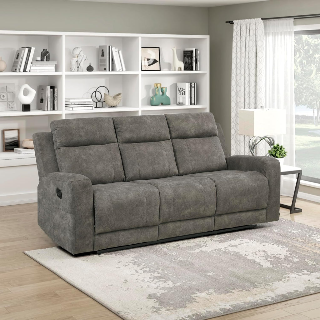 Lexicon Manual Double Reclining Sofa, Textured Microfiber Upholstered 3 Seater Manual Sofa Recliner for Living Room, Wall Hugger, Track Arm, Easy Assembly, Brown