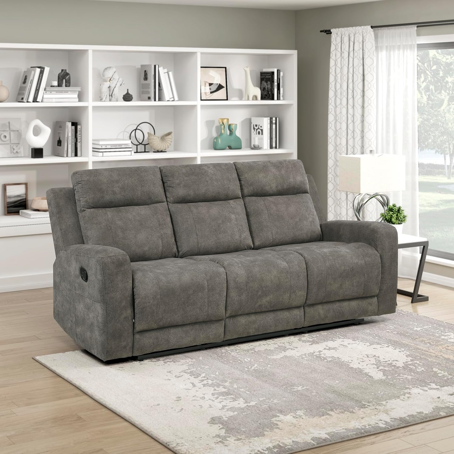 Lexicon Manual Double Reclining Sofa, Textured Microfiber Upholstered 3 Seater Manual Sofa Recliner for Living Room, Wall Hugger, Track Arm, Easy Assembly, Brown