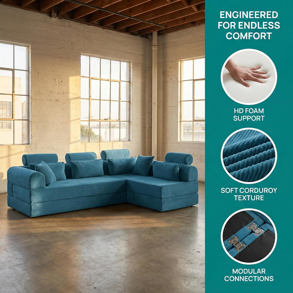 KEIKI 6-in-1 Folding Convertible High Back Sofa Sleeper, 106' Oversized Modular Sectional Corduroy Upholstered L Shape Couches for Living Room, Deep Cushion for Open Concept Living, Grayish Green