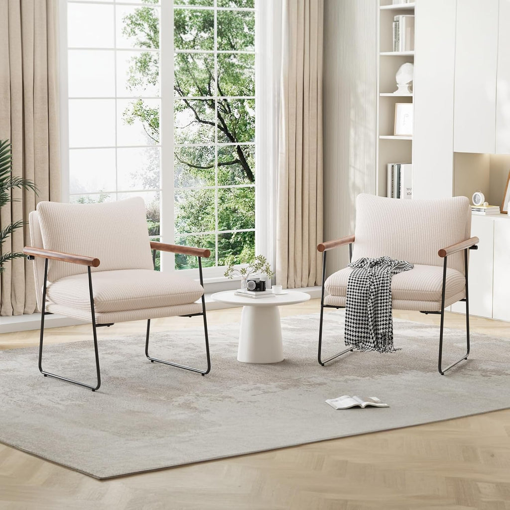 Furnilivng Large Sling Accent Chair, Comfortable Boucle Fabric Arm Chair, Upholstered Cozy Reading Chair for Living Room, Bedroom, Dressing Room, Home Office (Beige, Set of 2)