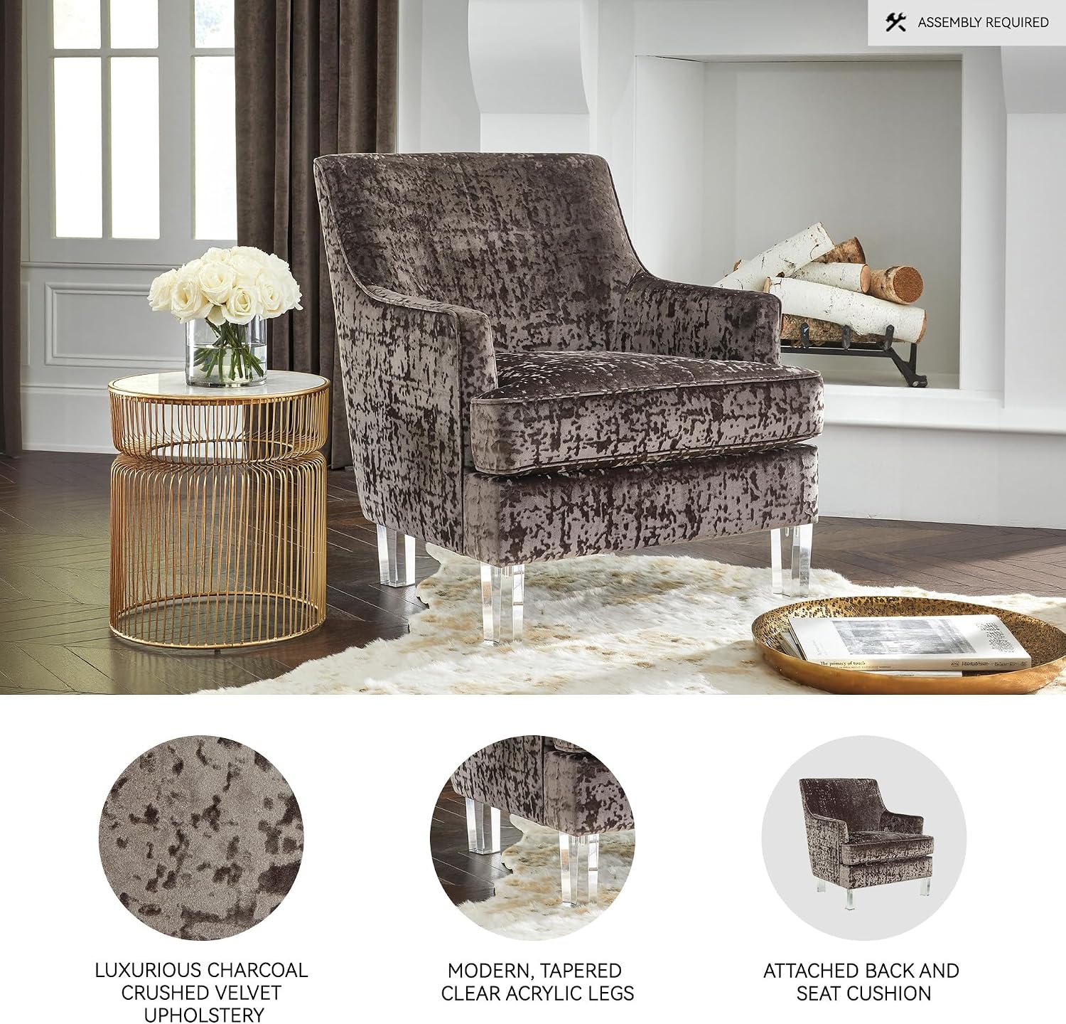 Signature Design by Ashley Gloriann Crushed Velvet Glam Accent Chair with Acrylic Legs, Charcoal Gray