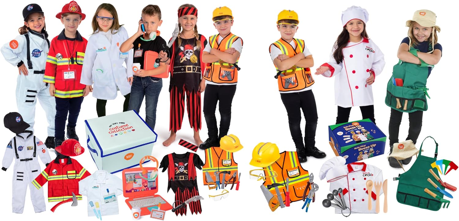 Born Toys 3-in-1 and 6-in-1 Kids' Dress Up & Pretend Play - Kids Costumes for Boys & Girls Ages 3-7 Washable Toddler Dress up Clothes w/Storage Box