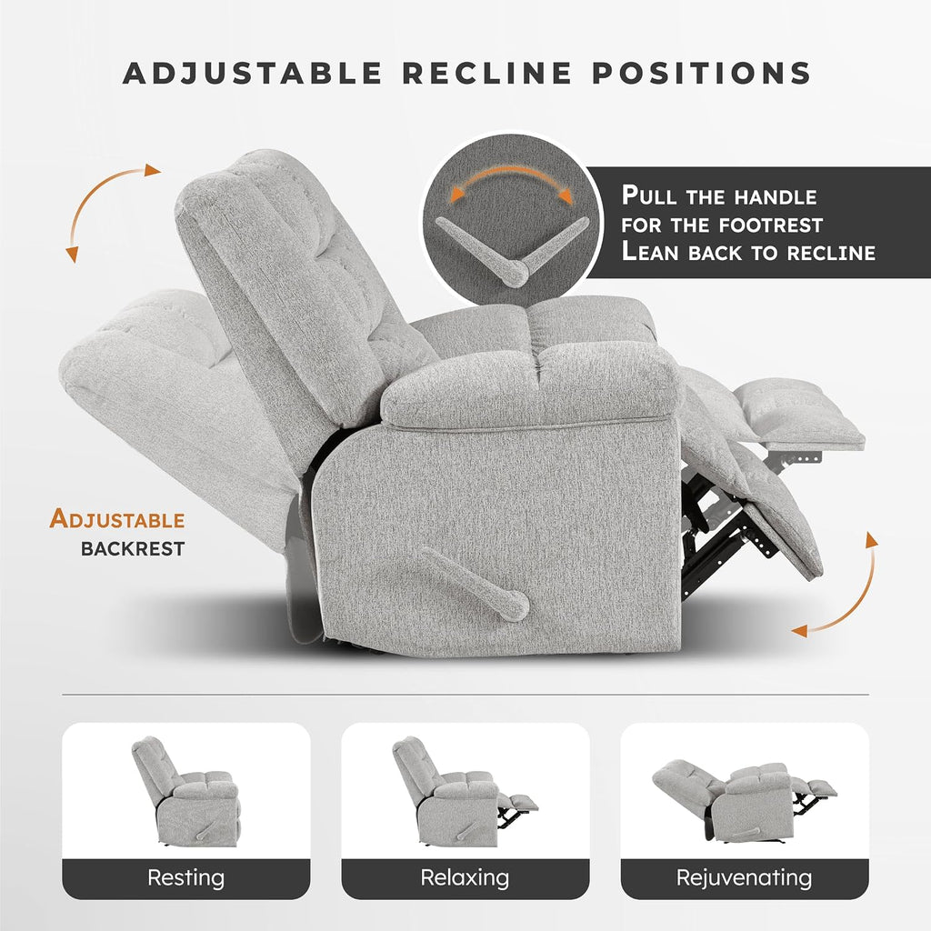 Lexicon Chenille Rocker Reclining Chair for Adults, Rocker Pull Handle Recliner, Nursery Chair for Living Room/Bedroom, High Back, Pillow Top Arms, High Density Foam Cushions, Light Grey