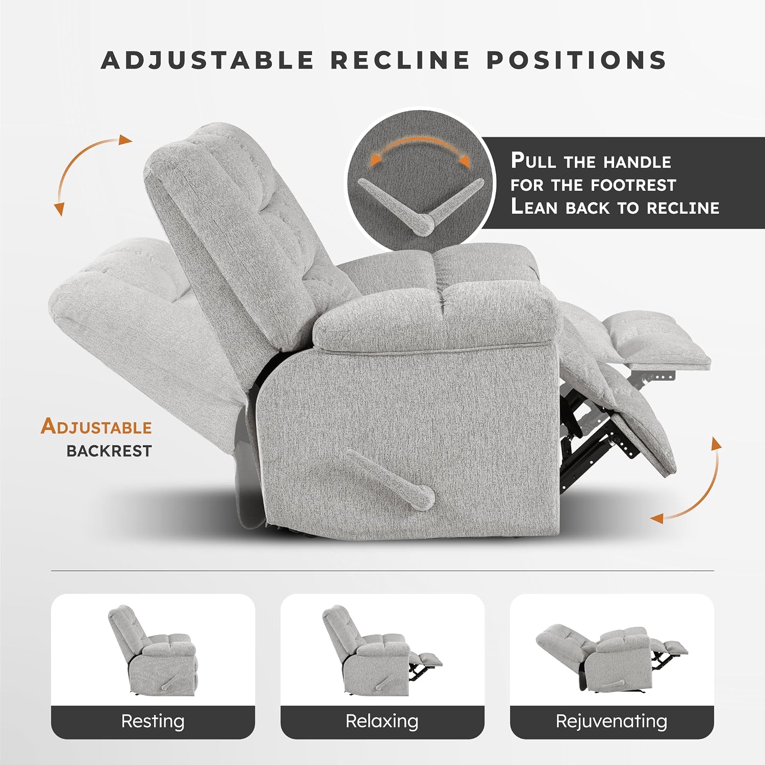 Lexicon Chenille Rocker Reclining Chair for Adults, Rocker Pull Handle Recliner, Nursery Chair for Living Room/Bedroom, High Back, Pillow Top Arms, High Density Foam Cushions, Light Grey