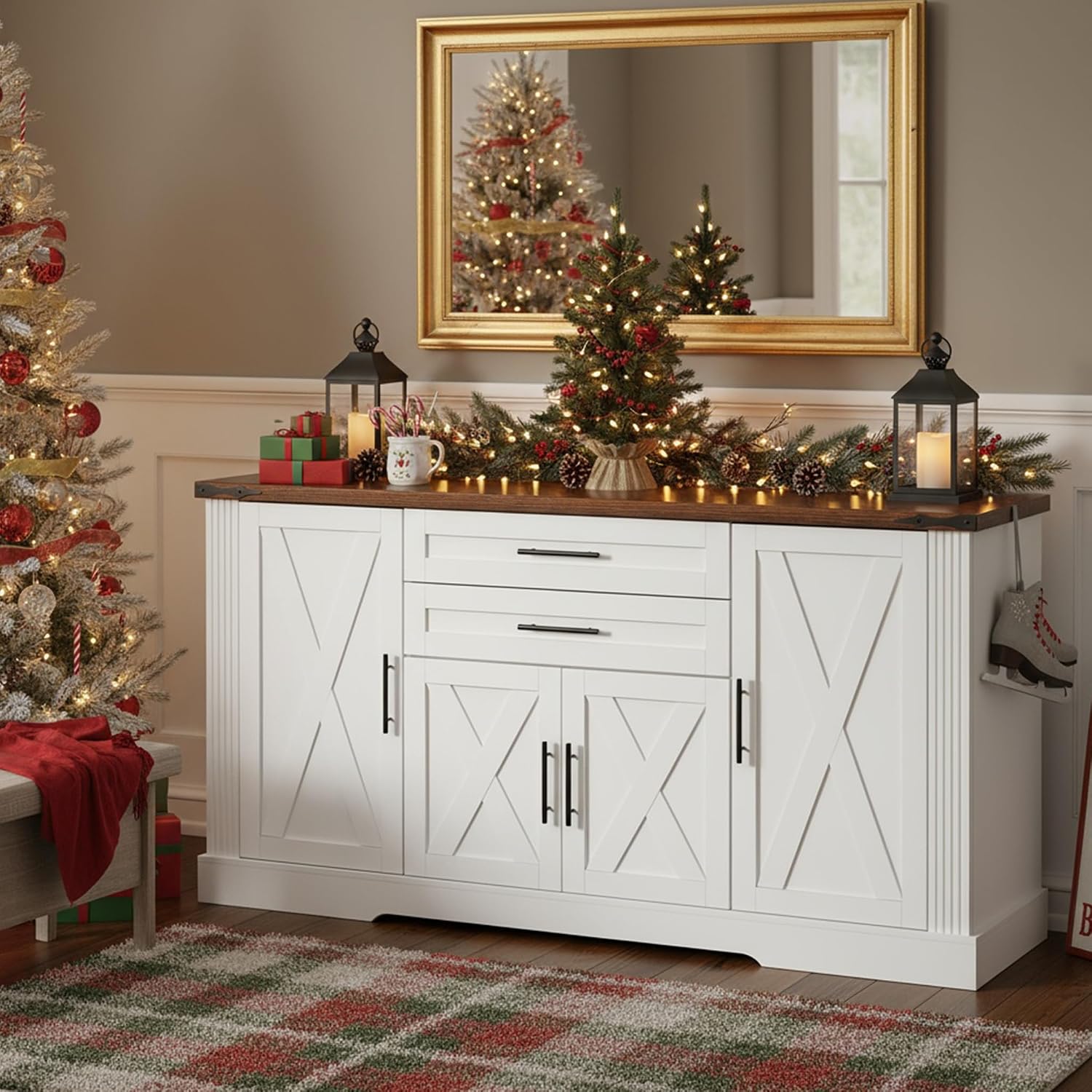 RiteSune 63' Farmhouse Buffet Sideboard Cabinet, Large Kitchen Sideboard Storage with 2 Drawers and 4 Doors, Buffet Table for Dining Room, Living Room, Black