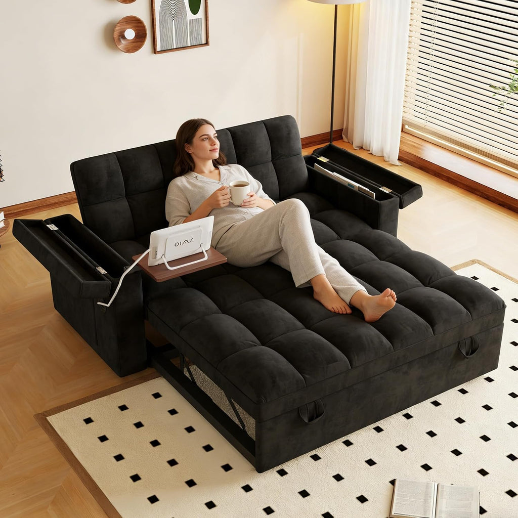 KEIKI 65' Compact 3-in-1 Sofa Bed, Pull-Out Loveseat Sleeper with Built-in USB Ports, Side Table & Storage Arms, Velvet Couch for Studios, Home Office & Guests