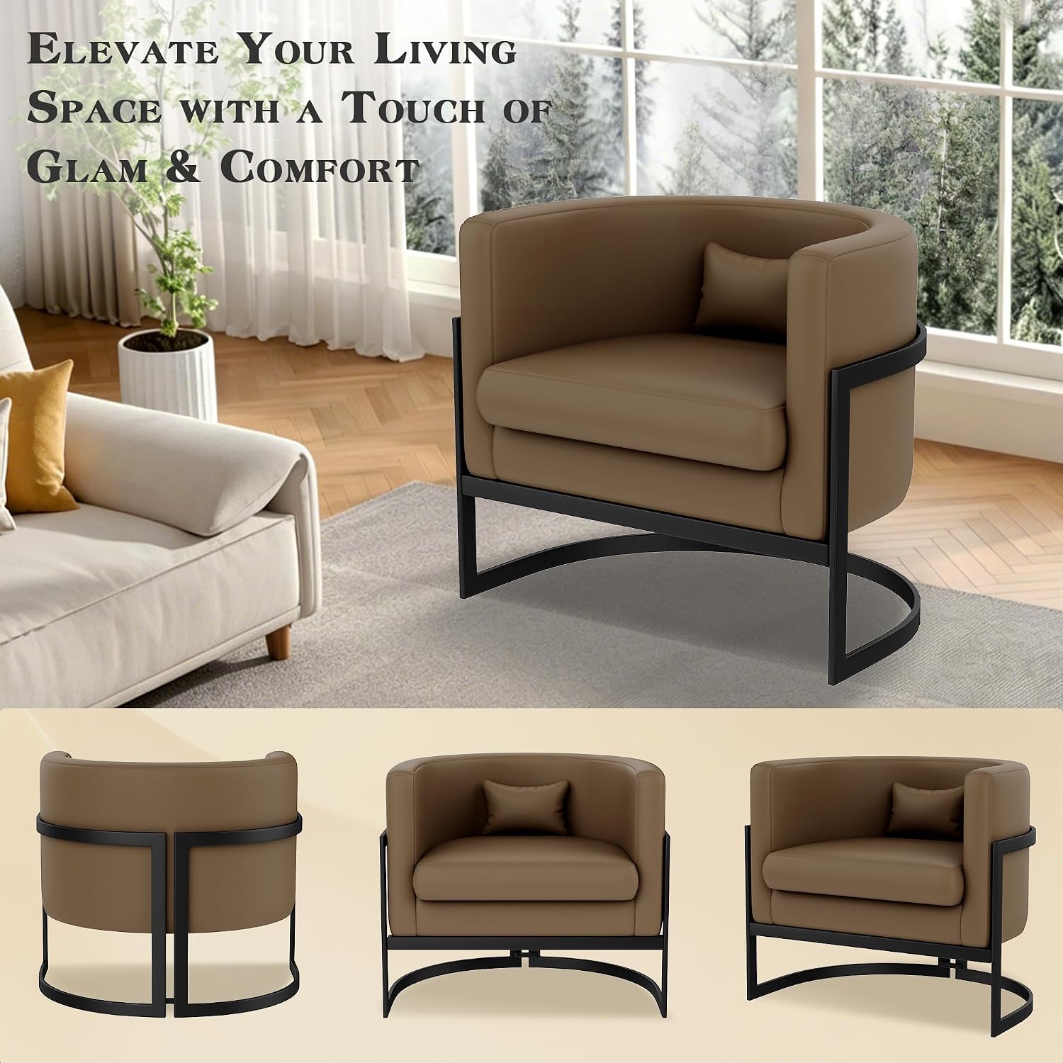 Faux Leather Accent Chair Modern Barrel Chair with Sturdy Metal Legs Upholstered Armchair for Bedroom Living Room Sofa Chair Club Side Chairs Brown