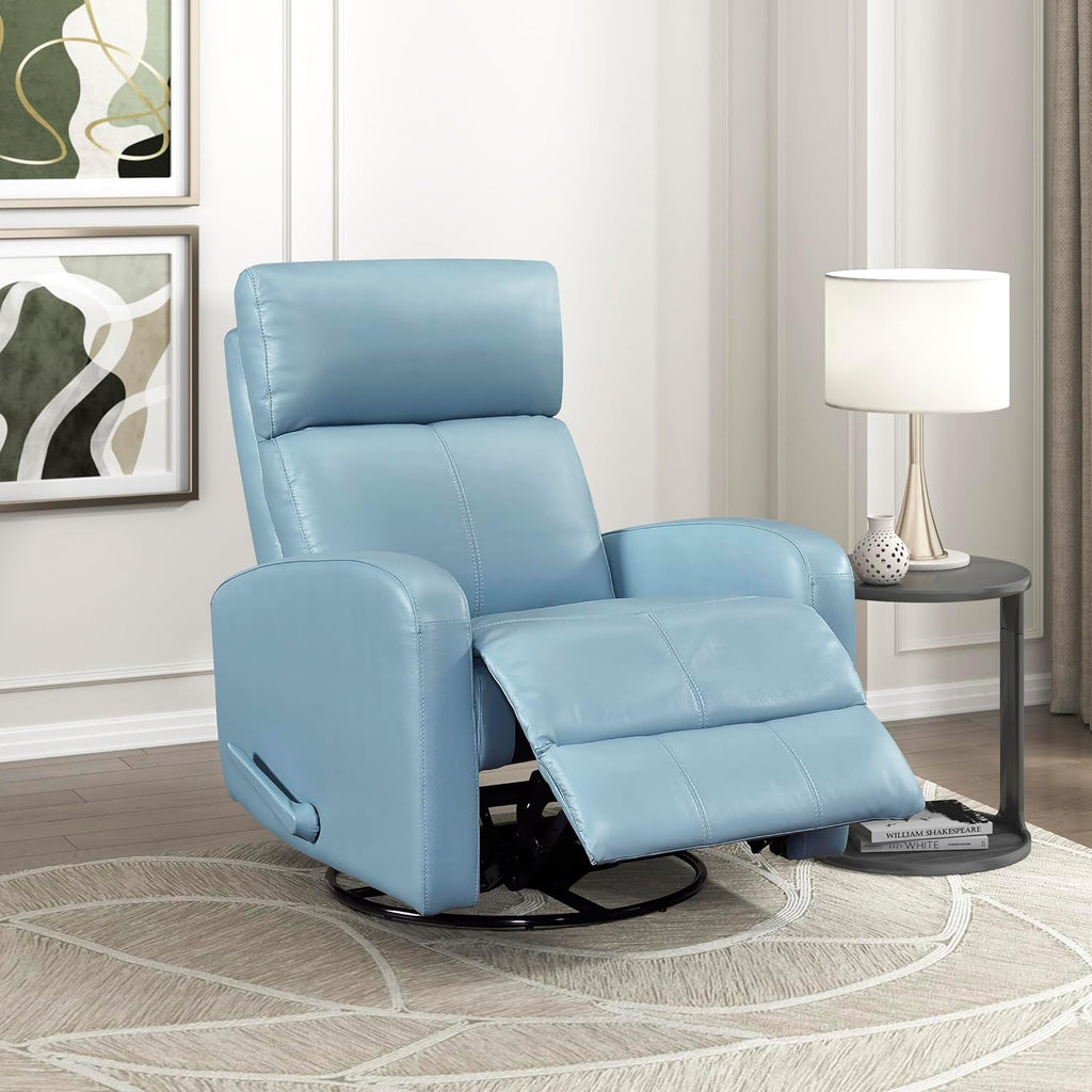 Lexicon Swivel Glider Reclining Chair, Top Grain Leather Match Manual Pull Handle Recliner, Comfy Nursery Glider Recliner, Swivel Reclining Chair for Living Room/Office/Bedroom/Apartment, Blue