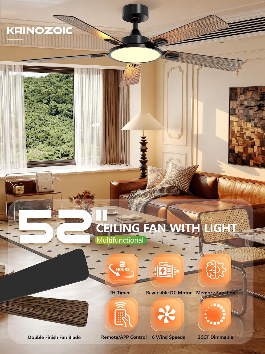 52 Inch Ceiling Fan with Light App&Remote Control Dual Finish Blades Flush Mount Dimmable LED Light Quiet Reversible Motor Black Ceiling Fan for Bedroom Living Room Apartment