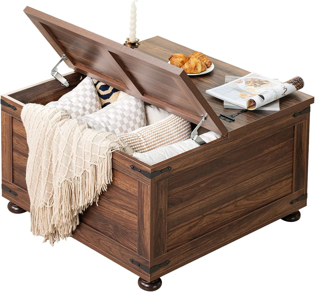 Joaxswe Farmhouse Coffee Table with Hidden Storage,Large Square Center Table for Living Room,Retro Cocktail Tables with Flip-Top Lids, Farm House Tables with Wooden Gourd Feet for Home,Brown Walnut