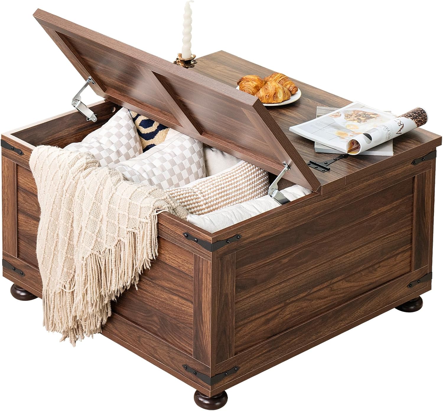 Joaxswe Farmhouse Coffee Table with Hidden Storage,Large Square Center Table for Living Room,Retro Cocktail Tables with Flip-Top Lids, Farm House Tables with Wooden Gourd Feet for Home,Brown Walnut