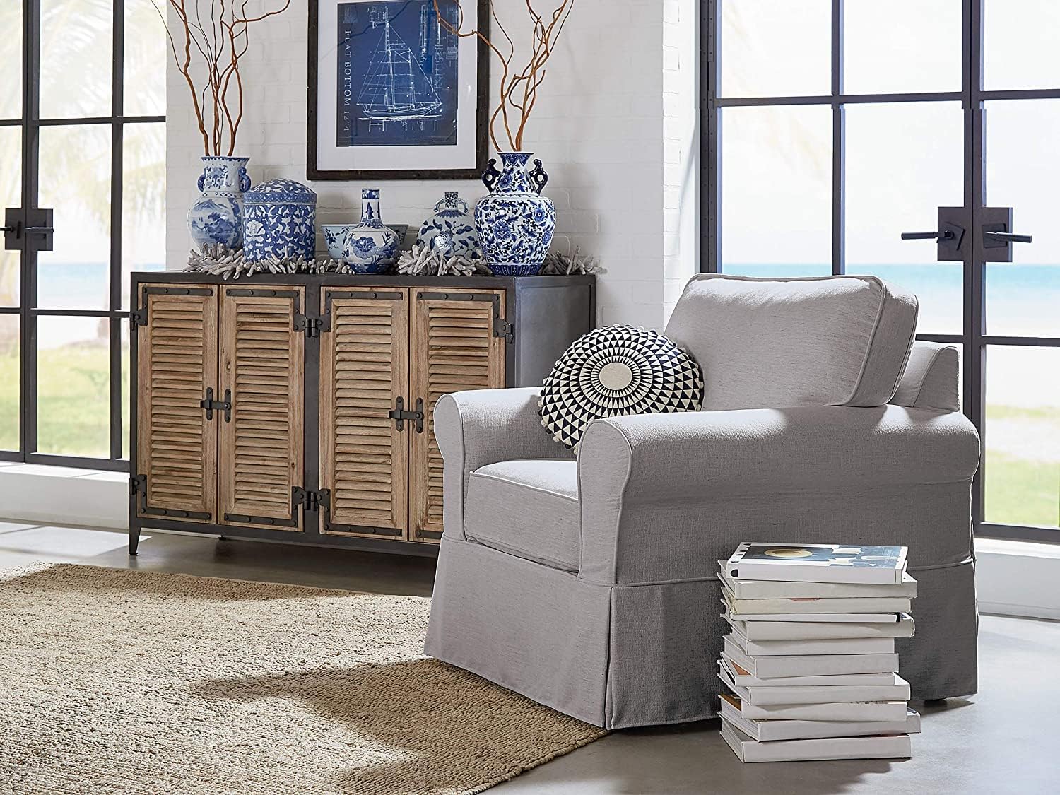 OSP Home Furnishings Ashton Rolled Arm Chair with Slipcover, Fog Grey