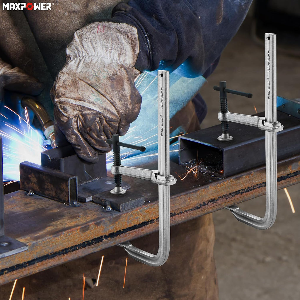 MAXPOWER 12 inch F Clamps, 4-3/4' Throat, 1200 LBS Clamping Pressure, Full Steel Bar Clamps for Welding, Pack of 10