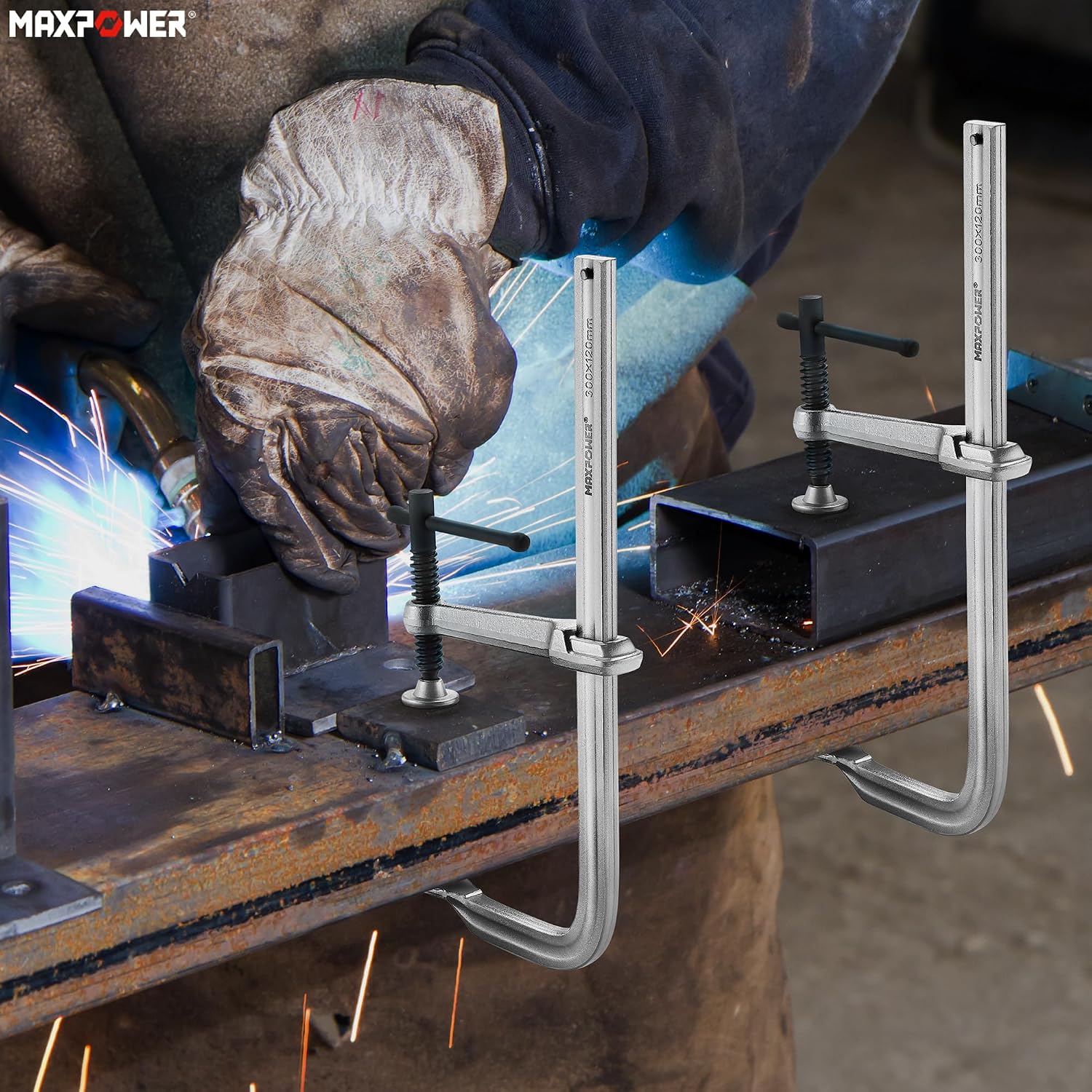 MAXPOWER 12 inch F Clamps, 4-3/4' Throat, 1200 LBS Clamping Pressure, Full Steel Bar Clamps for Welding, Pack of 10
