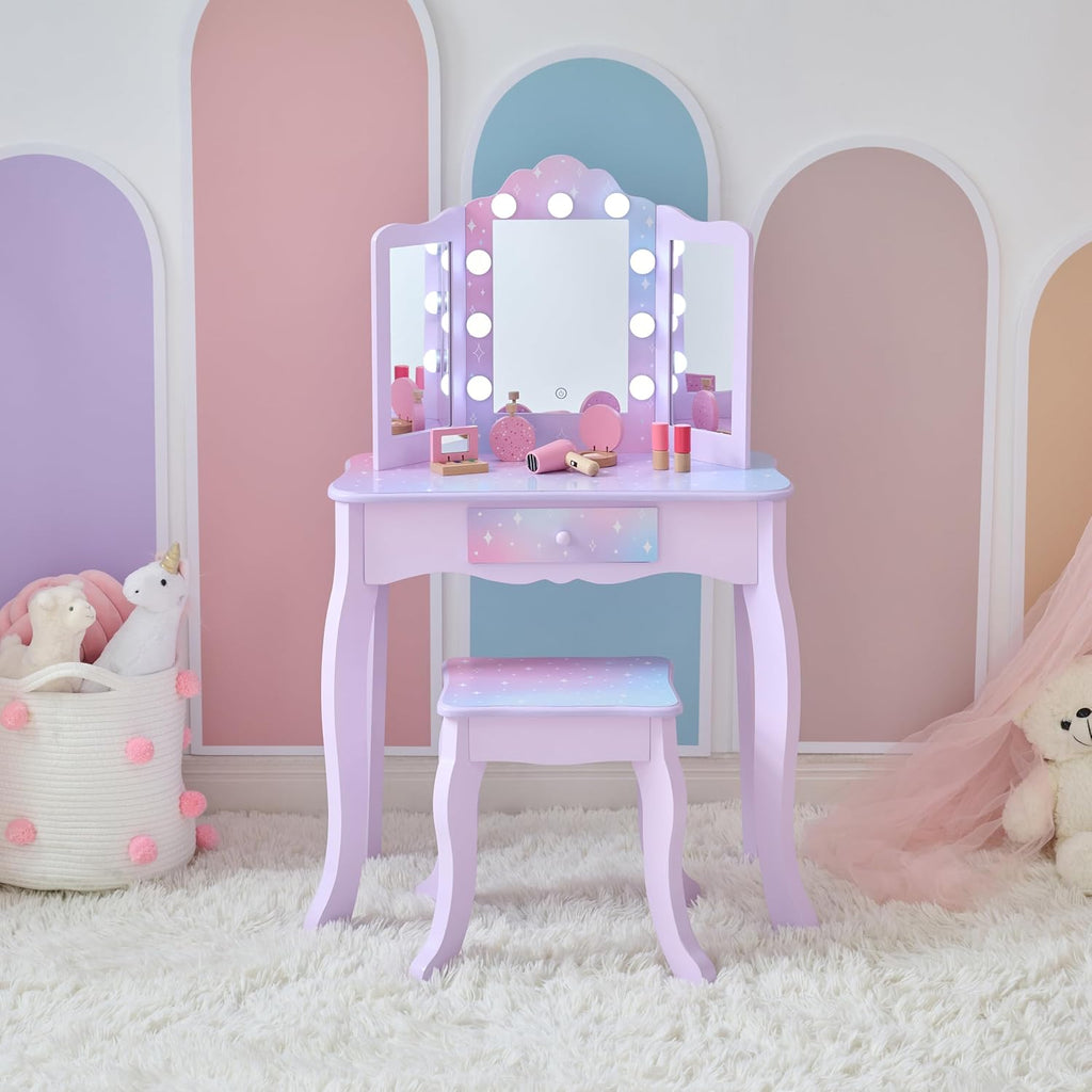 Teamson Kids Stardust Print Gisele Medium Vanity with LED Lights & Touch Sensor Mirror, Storage Drawer for Kids Pretend Play, Purple Elegant Dressing Table Set with Stool for Toddlers & Girls Ages 3+