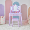 Teamson Kids Stardust Print Gisele Medium Vanity with LED Lights & Touch Sensor Mirror, Storage Drawer for Kids Pretend Play, Purple Elegant Dressing Table Set with Stool for Toddlers & Girls Ages 3+