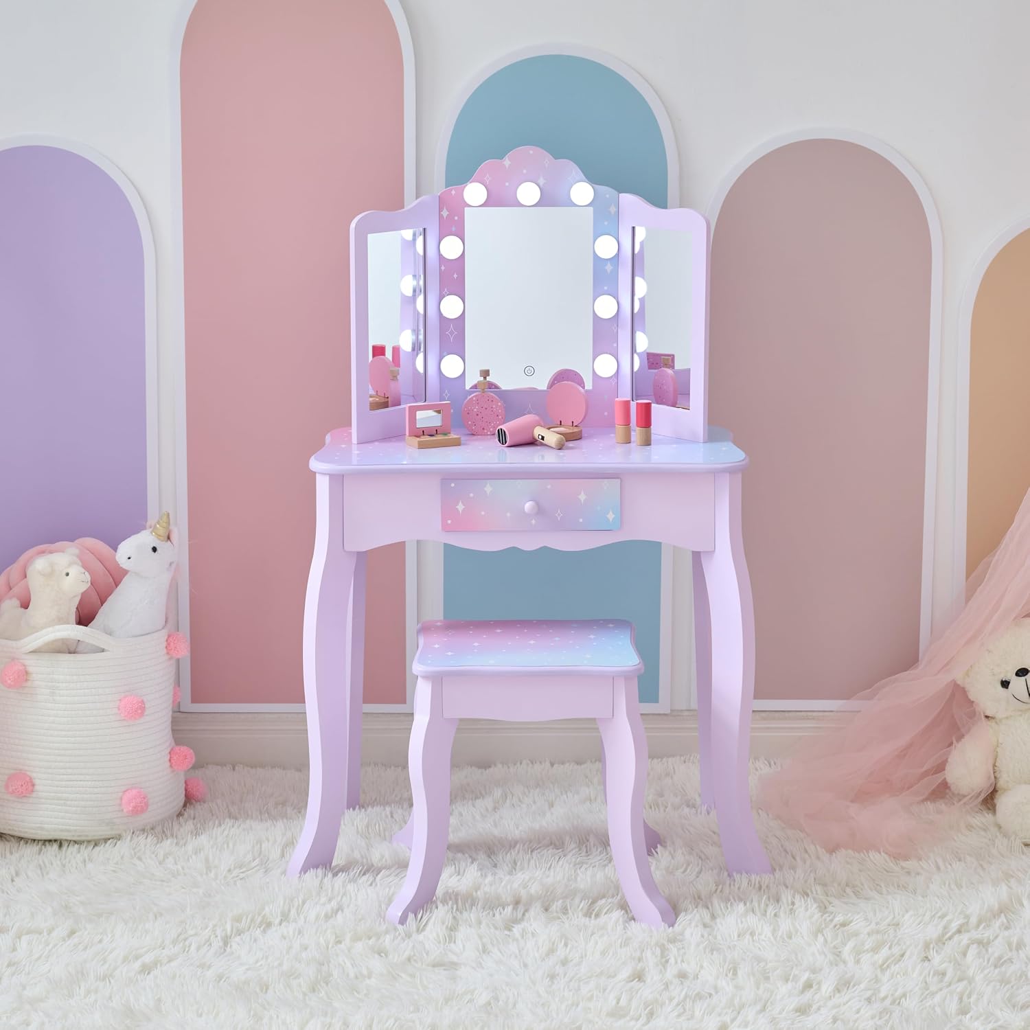 Teamson Kids Stardust Print Gisele Medium Vanity with LED Lights & Touch Sensor Mirror, Storage Drawer for Kids Pretend Play, Purple Elegant Dressing Table Set with Stool for Toddlers & Girls Ages 3+
