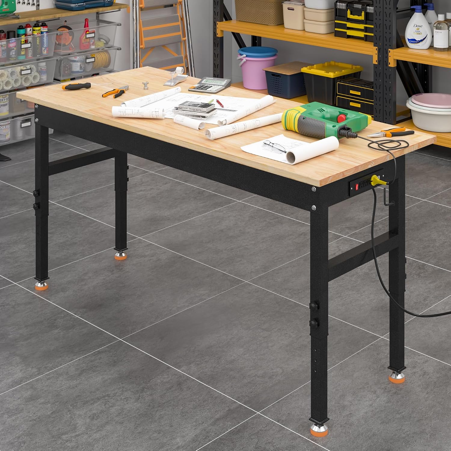 48' Adjustable Work Bench, Rubber Wood Top Workbench Heavy-Duty Work Table with Power Outlet, 2000 LBS Load Capacity Hardwood Work Benches for Garage, Workshop, Home, Office, Easy Assembly