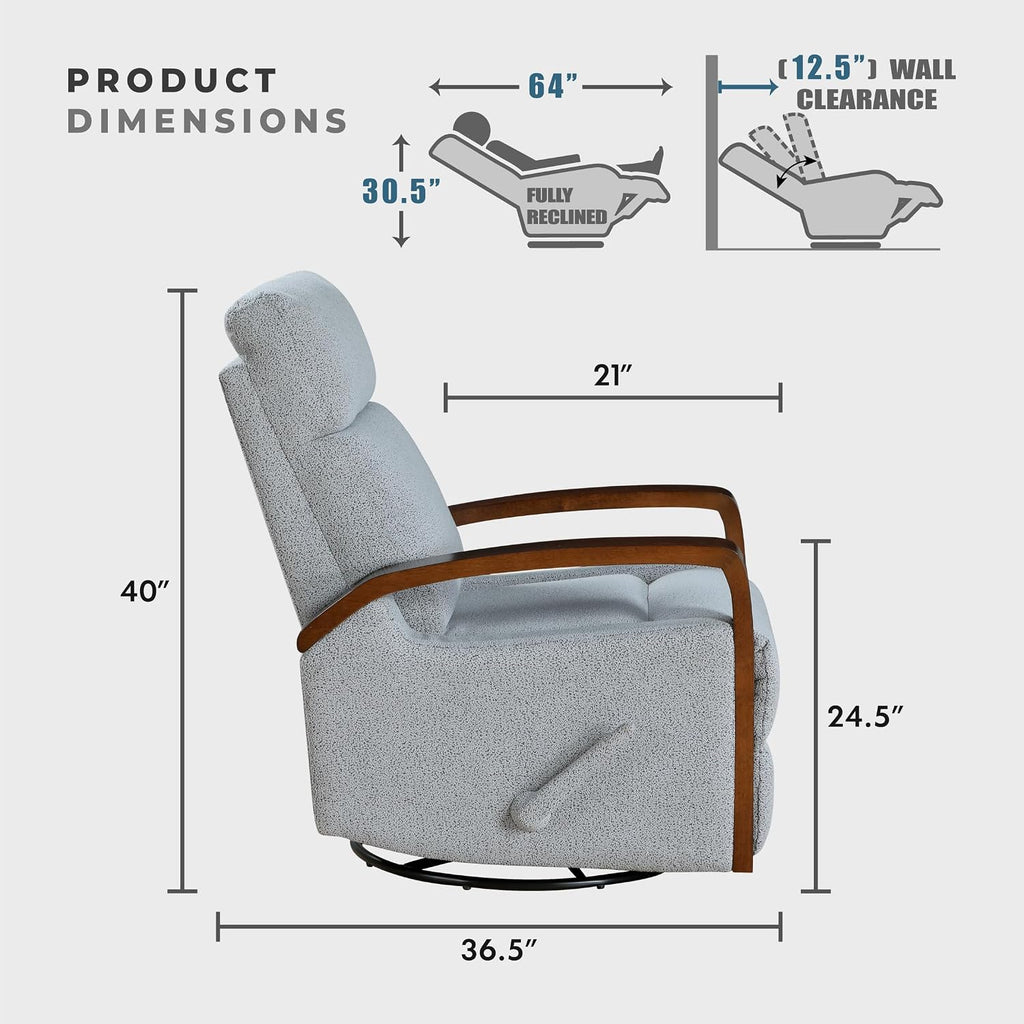 Lexicon 360 Degree Swivel Glider Reclining Chair, Soft Boucle Manual Recliner, Comfy Nursery Glider Recliner, Wood Arms, Pull Handle for Living Room/Office/Bedroom/Apartment, Gray
