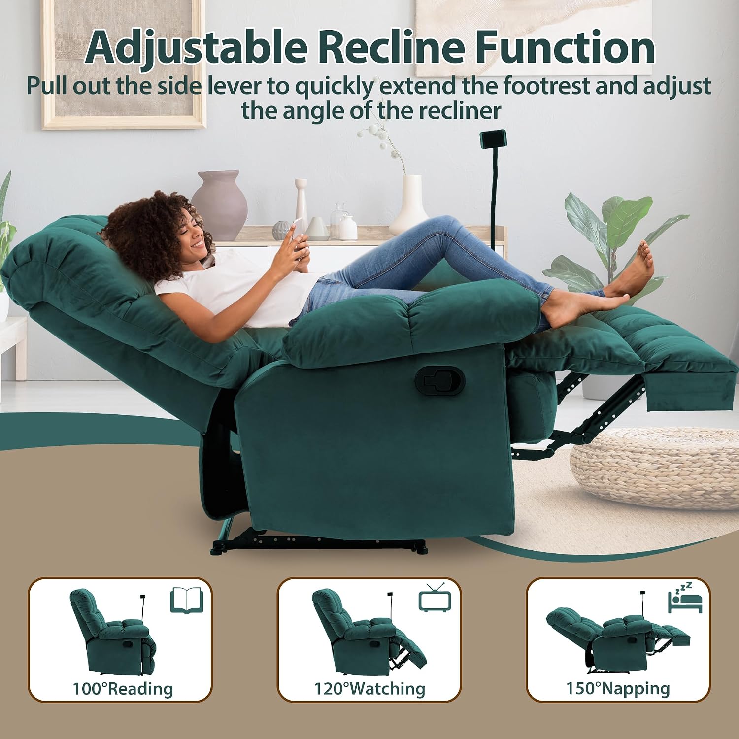 Manual Adjustable Oversized Recliner Chair with Phone Holder, Extra Large Recliner for Heavy Duty Adults 400lbs, Big Man Recliners for Living Room, Nursery, RV