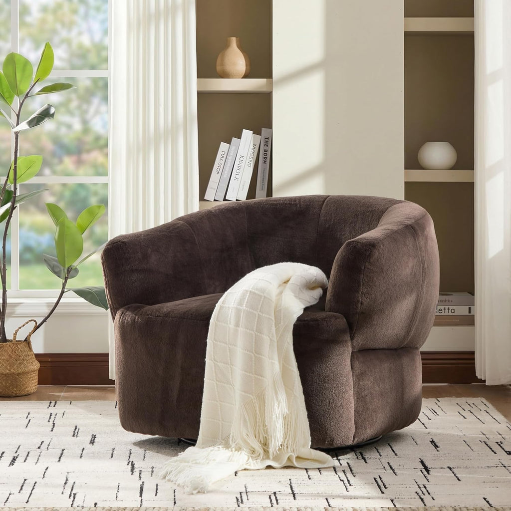 Christopher Knight Home Manie Plush Fabric 360° Swivel Accent Chair, Solid Wood Living Room Swivel Barrel Chair, Rotating Single Lounge Sofa, Comfy Reading Armchair, Dark Brown