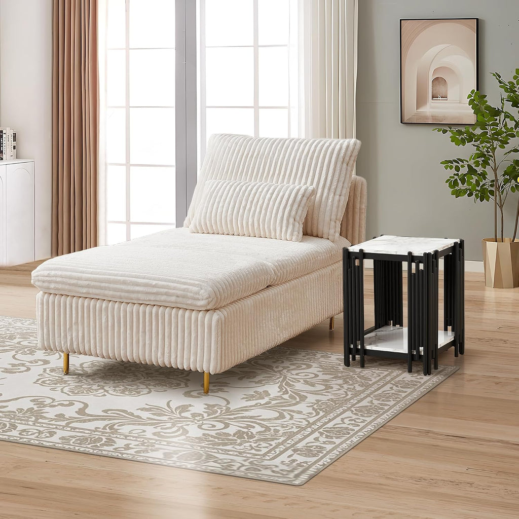 62.6' Corduroy Chaise Lounge Indoor, Modern Longue Chair Upholstered Chaise Longue with Support Pillow & Golden Metal Legs, Sleeper Sofa Recliner for Bedroom, Living Room, Office, Beige