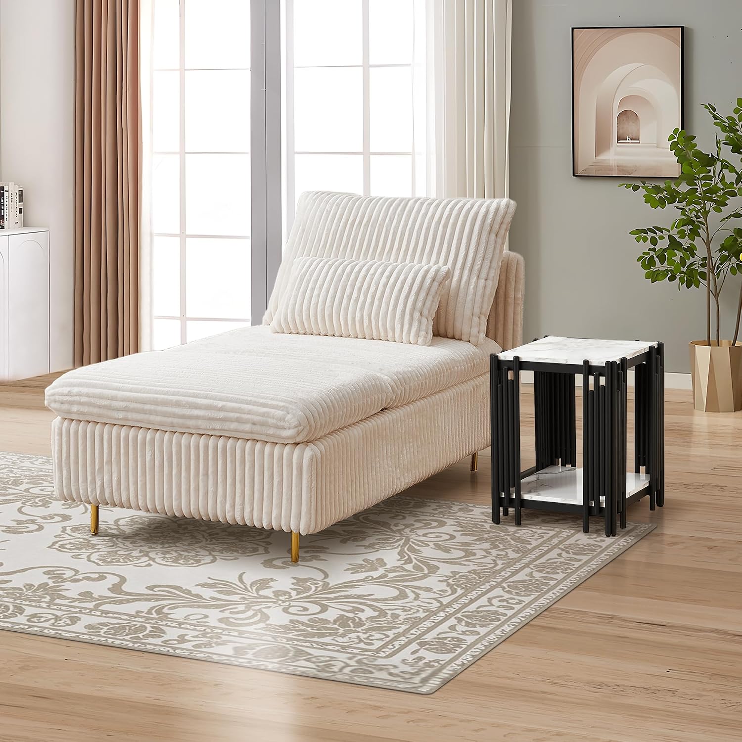 62.6' Corduroy Chaise Lounge Indoor, Modern Longue Chair Upholstered Chaise Longue with Support Pillow & Golden Metal Legs, Sleeper Sofa Recliner for Bedroom, Living Room, Office, Beige