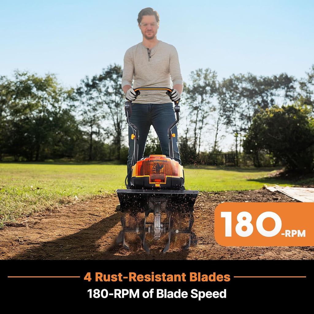 LawnMaster Brushless 48V MAX Cordless Tiller Cultivator with 2X MAX 24V 4.0ah Battery& 1x MX24V Dual Port Charger, 4X Blade, 14.5In Width & 9In Depth-CLTE4814