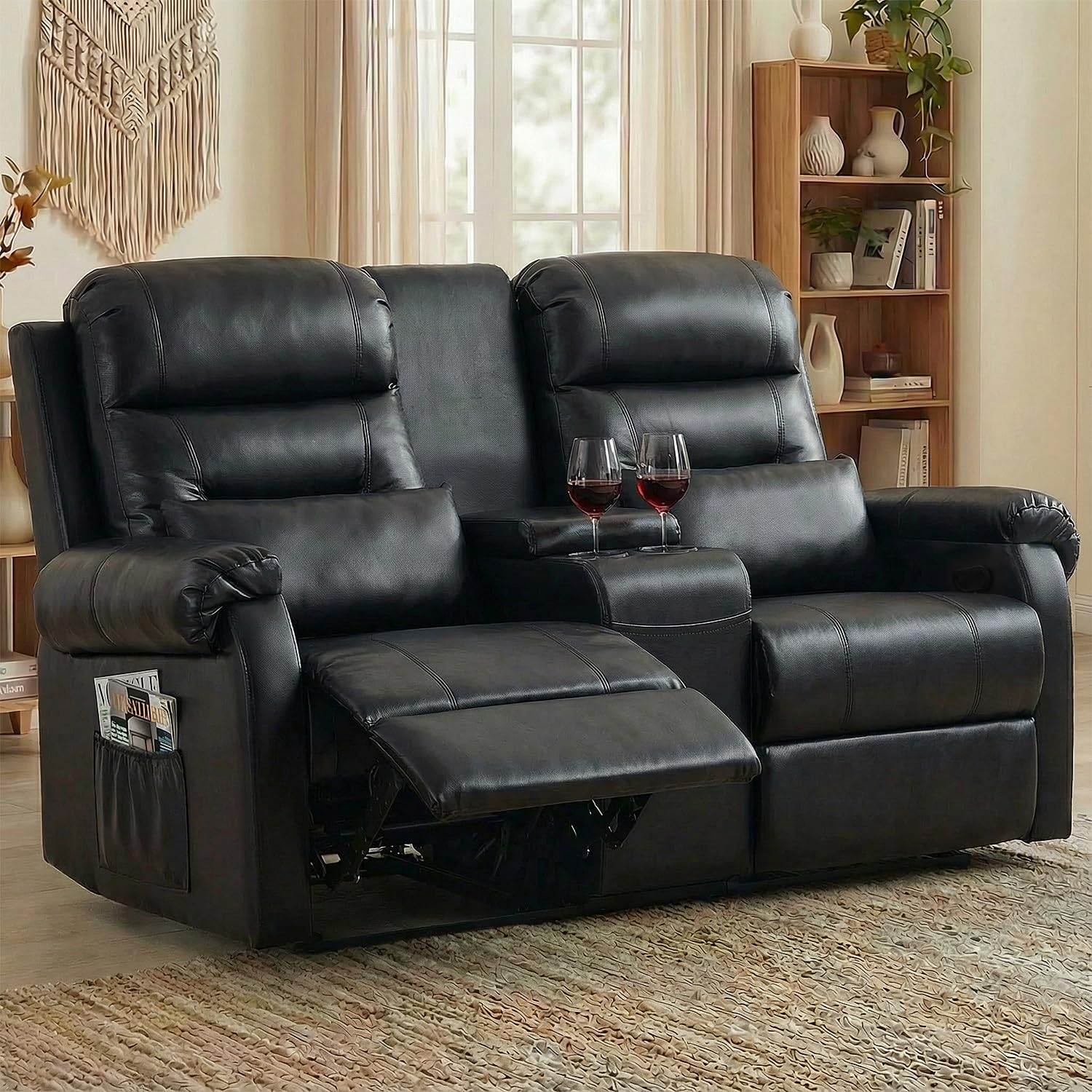 RV Loveseat Recliner with Console, Reclining Loveseat Sofa, Manual Home Theater Seating with Pockets/Cup Holders for Living Room/RV Furniture (Black PU)
