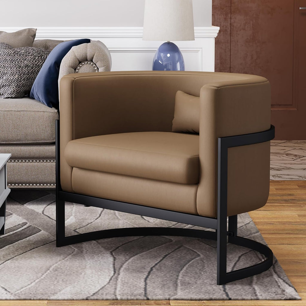 Faux Leather Accent Chair Modern Barrel Chair with Sturdy Metal Legs Upholstered Armchair for Bedroom Living Room Sofa Chair Club Side Chairs Brown