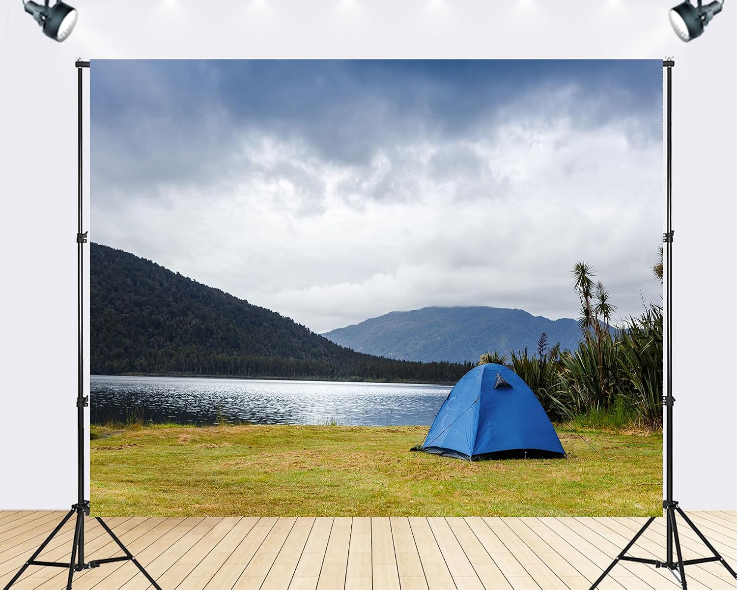 Trykid 20x10ft Lakeside Camping Tent Backdrop Blue Canopy Misty Peaks Photography Background Nature Retreat Tapestry Party Decoration Photo Studio Prop Fabric