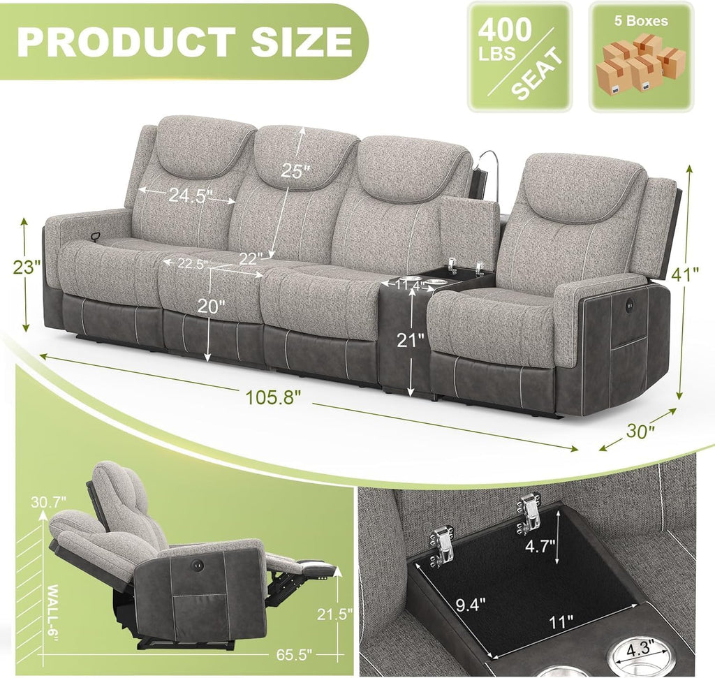 Dresegmt 4 Seat Recliner Sofa, Manual Recliner Couch with Storage Console, Cup Holder, USB Port & Reading Light, Grey Linen & PU Leather 4 Seater Sofa Recliner for Living Room, Theater Seating