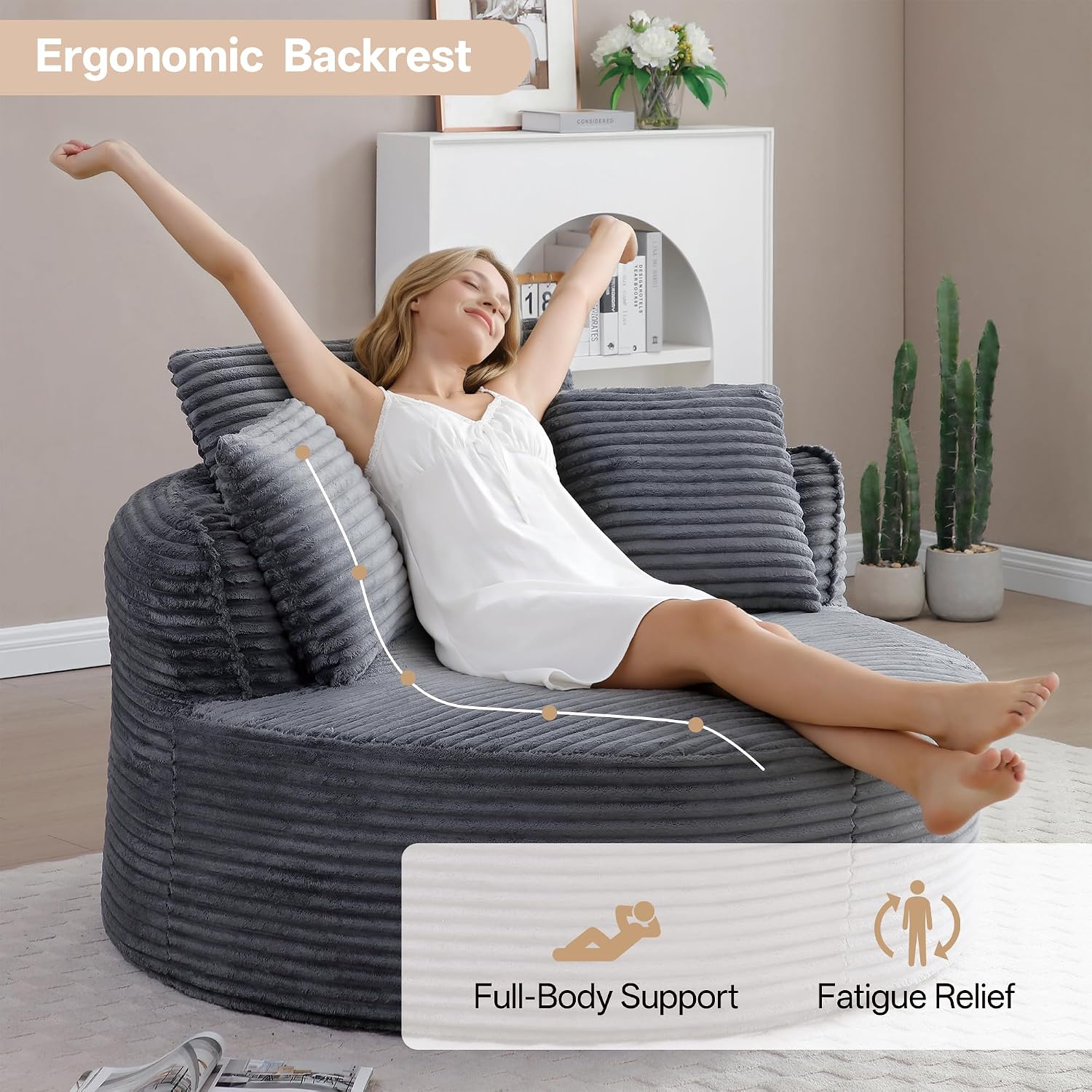 53.5' Oversized Round Chaise Lounge Chair, Modern Corduroy Compressed Cloud Circle Sofa, No Assembly Required Boneless Floor Chair with Pillows, Comfy Lazy Sleeper for Living Room,Gray