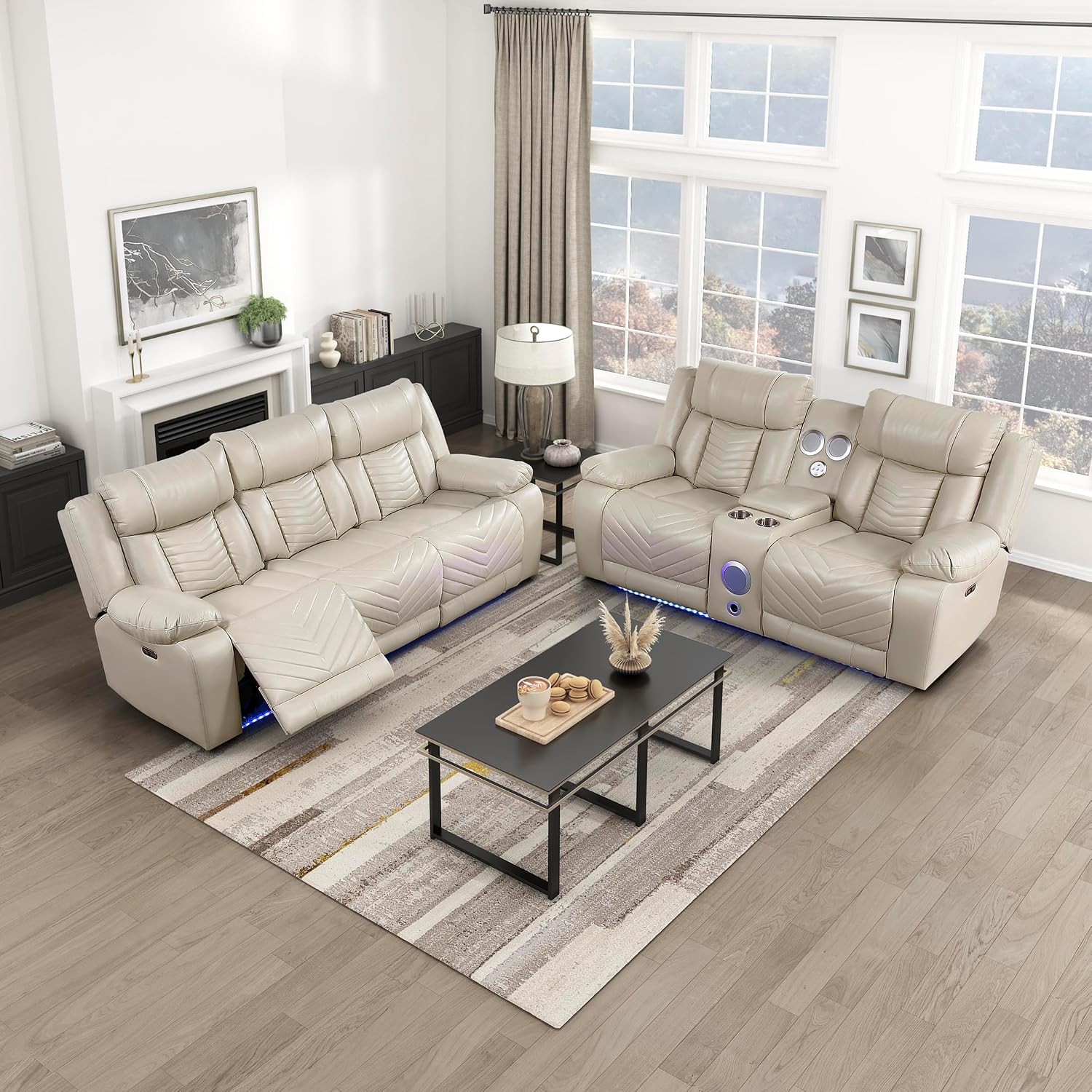 Lexicon 2 Piece Living Room Furniture Sets, Power Reclining Sofa Set, Home Theater Seating with USB Charging Ports/LED Lighting, Wall Hugger Power Double Reclining Sofa & Loveseat, 2 Pieces, Beige