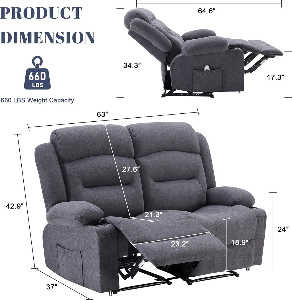 Weture Oversized Recliner Loveseat with Heat and Massage, Wall-Hugger Reclining Sofa with Cup Holders and USB Port, Big Large 2-Seater Double RV Recliner Loveseat for Living Room (Fabric, Grey)