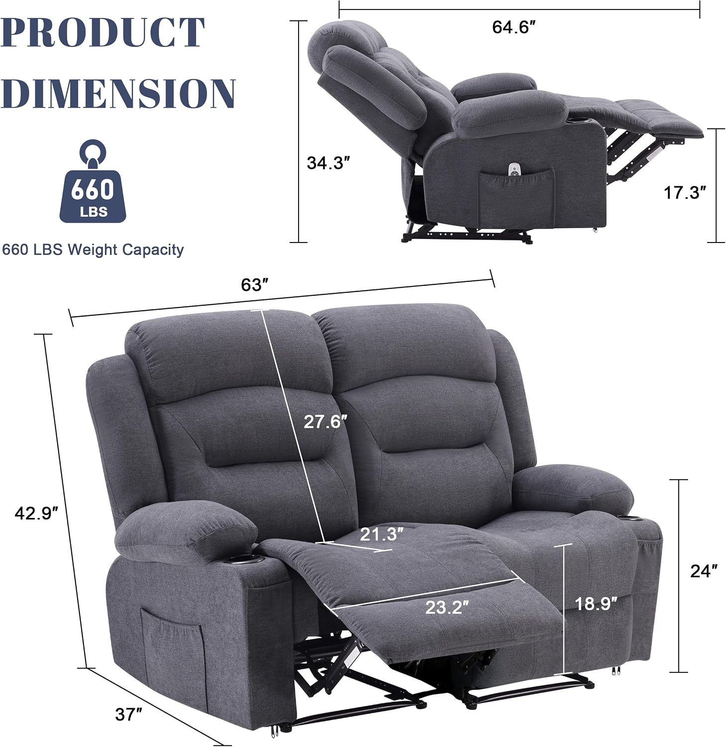 Weture Oversized Recliner Loveseat with Heat and Massage, Wall-Hugger Reclining Sofa with Cup Holders and USB Port, Big Large 2-Seater Double RV Recliner Loveseat for Living Room (Fabric, Grey)