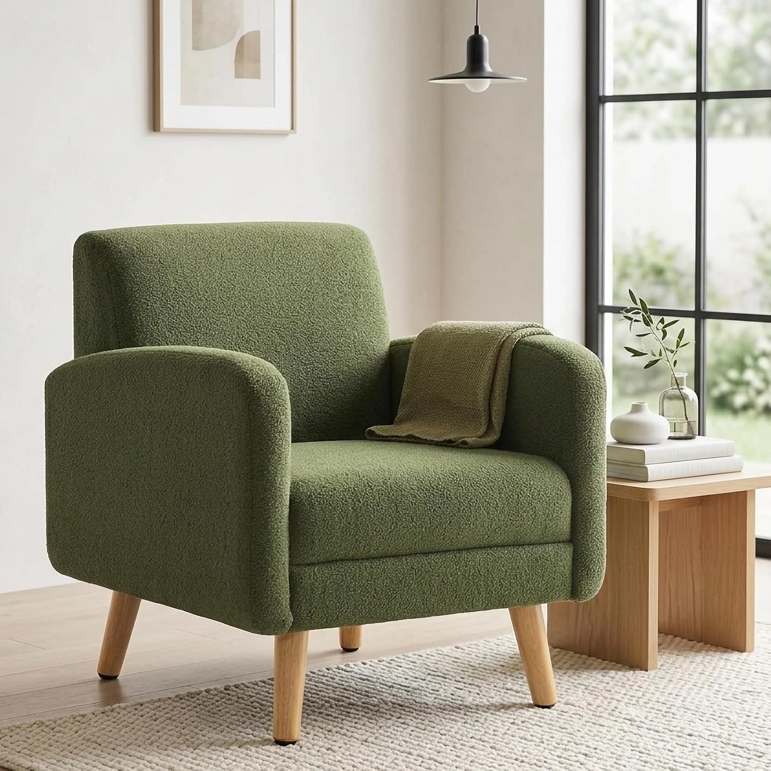 Accent Chairs for Living Room, Comfy Boucle Mid Century Modern Single Sofa Chair with Rubberwood Frame, Upholstered Reading Arm Chair for Bedroom, Club, Office Waiting Room (Green)