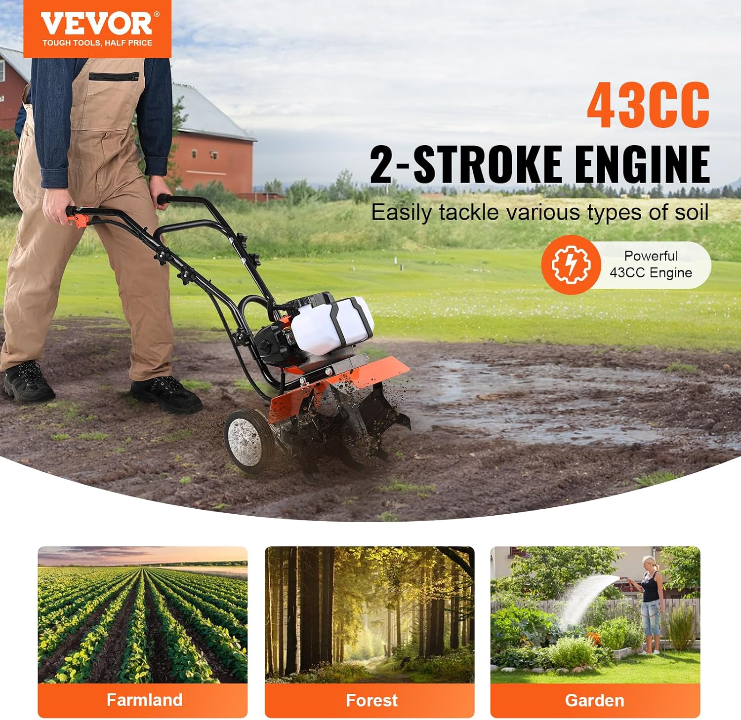 VEVOR Tiller Cultivator Gas Powered, 43CC 2-Stroke Garden Cultivator, Tiller with 4 Steel Adjustable Front Tines for Lawn, Garden and Field Soil Cultivation