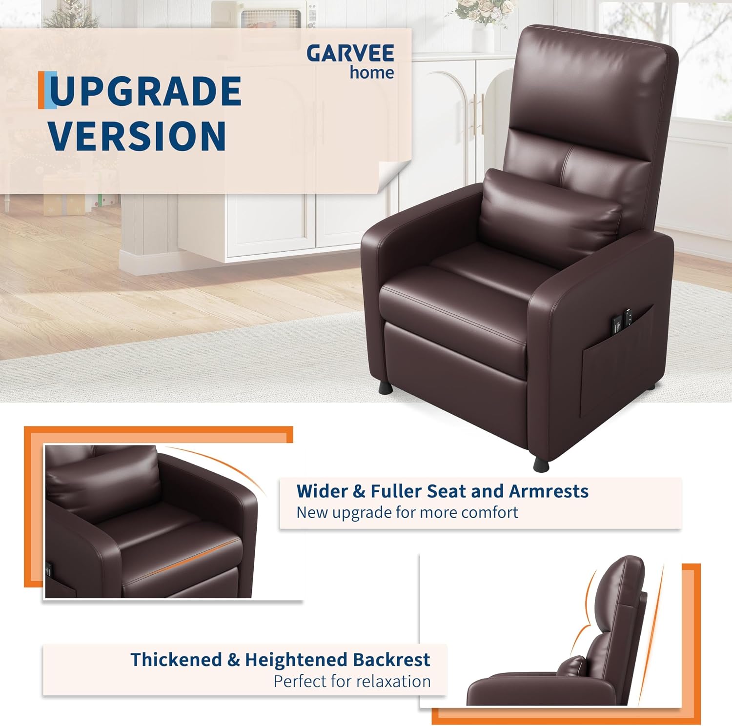 Power Recliner Chair, Electric Recliner with Memory Function & USB Port, Overstuffed PU Leather Living Room Chair with Side Pockets, Ergonomic Home Theater Seating Brown