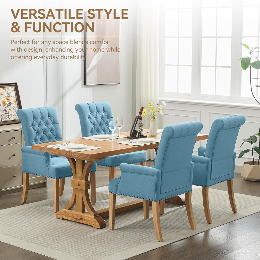 WUTUTUEE Fabric Dining Chair with Arms, Upholstered Tufted High Back Dining Room Chairs, Accent Armchair with Solid Wood Leg and Nailhead Trim, Kitchen Dining Living Room, Blue