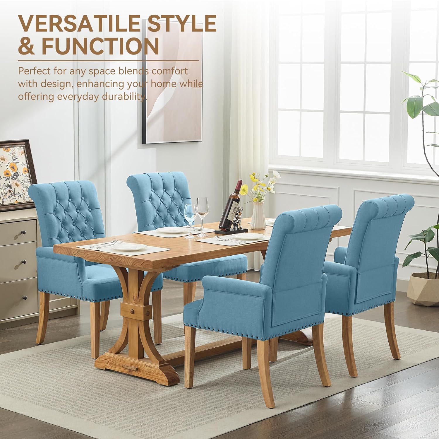 WUTUTUEE Fabric Dining Chair with Arms, Upholstered Tufted High Back Dining Room Chairs, Accent Armchair with Solid Wood Leg and Nailhead Trim, Kitchen Dining Living Room, Blue