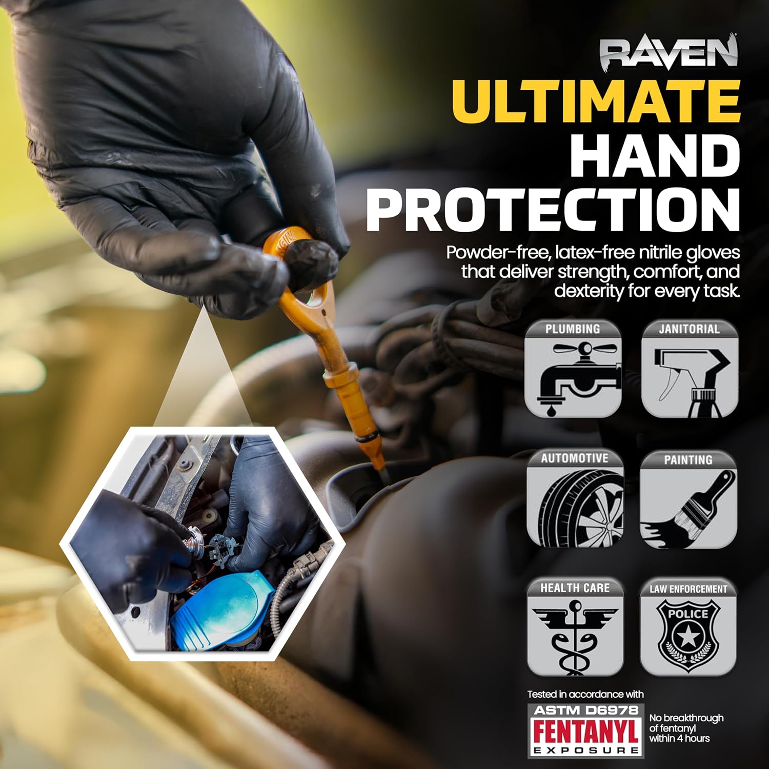 10 Pack SAS Safety 66517 Raven 6 mil Black Nitrile Disposable Gloves 7 Mil - Medium (10 boxes of 100 each)