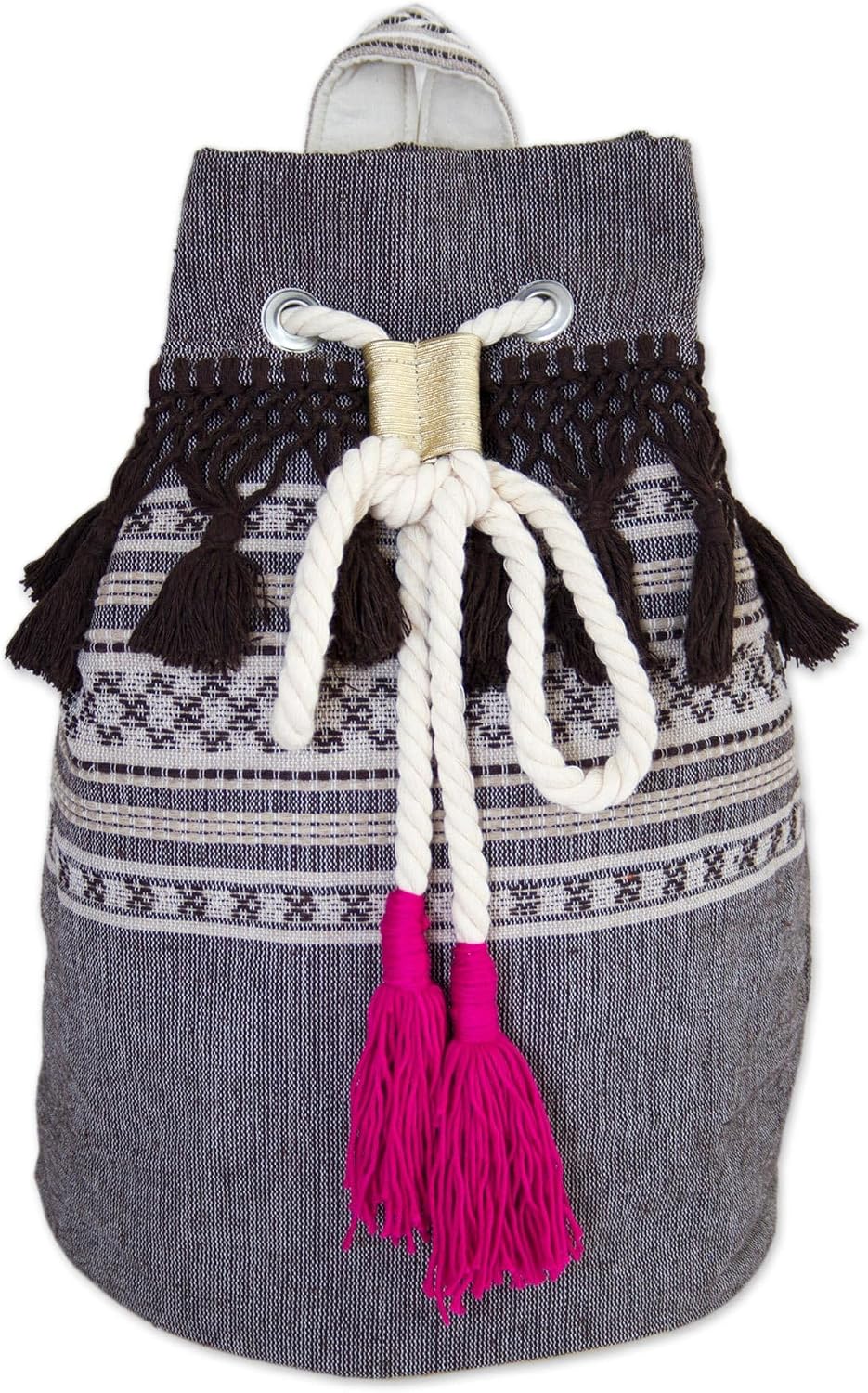 NOVICA Artisan Handcrafted Cotton Backpack Striped Drawstring Mexico Handbags Grey Sharkskin Backpacks Woven ' Day Trip Fringe'