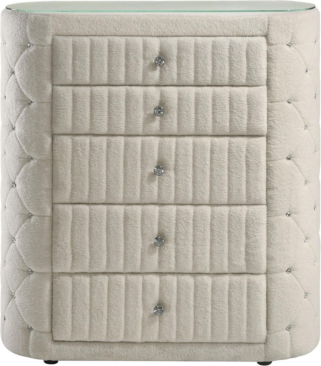 Coaster Home Furnishings - Sonya - Wood - 5-Drawer Chest with Crystal-Like Pulls, Diamond Tufting and Glass Top - Bedroom - Ivory - 360115