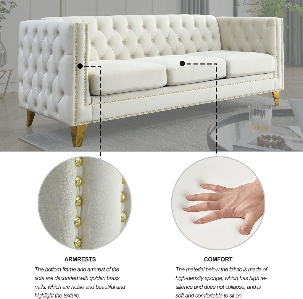 KEIKI 3 Seat Tufted Velvet Sofa Couch for Living Room, Buttons Tufted Square Arm Couch for Home Apartment, Beige