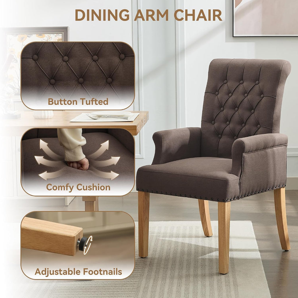 WUTUTUEE Fabric Dining Chair with Arms, Upholstered Tufted High Back Dining Room Chairs, Accent Armchair with Solid Wood Leg and Nailhead Trim, Kitchen Dining Living Room, Brown