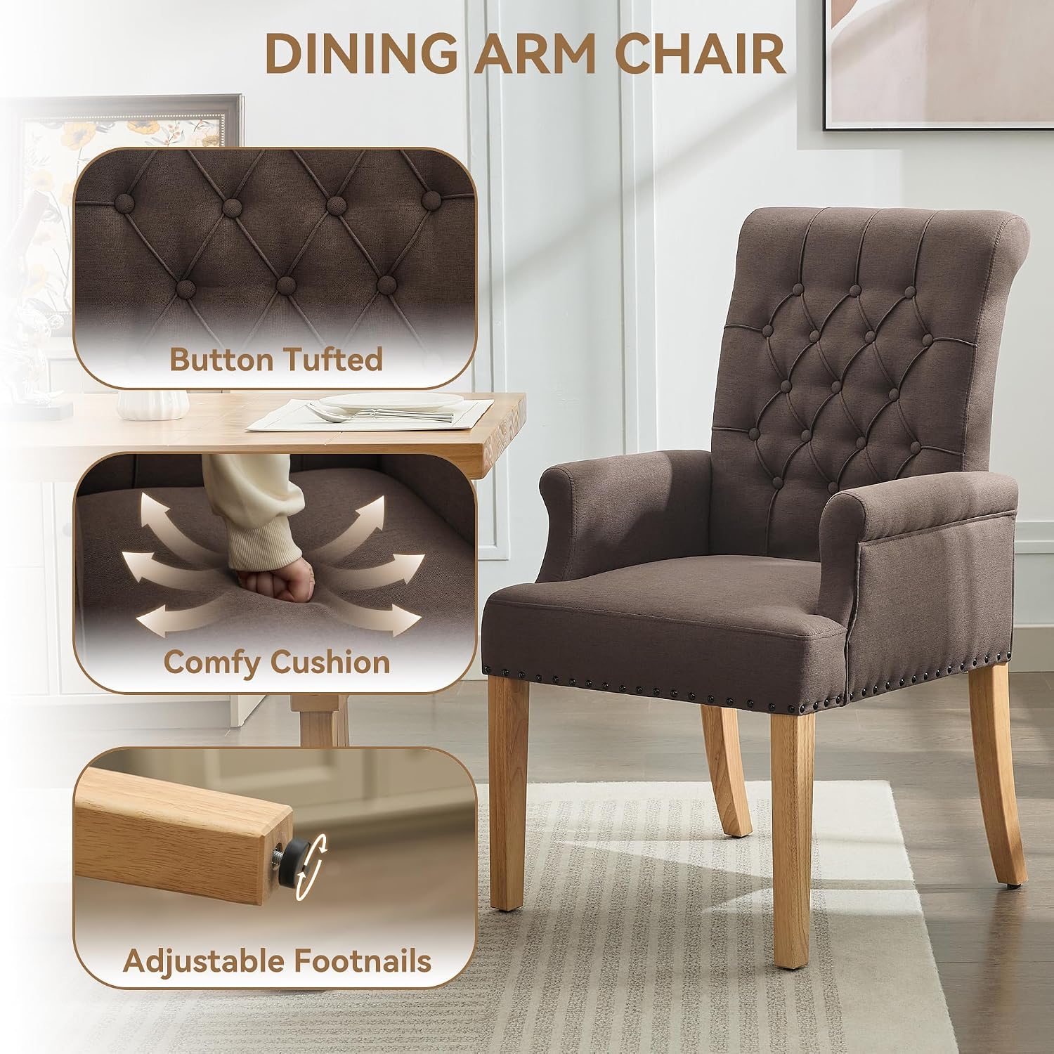 WUTUTUEE Fabric Dining Chair with Arms, Upholstered Tufted High Back Dining Room Chairs, Accent Armchair with Solid Wood Leg and Nailhead Trim, Kitchen Dining Living Room, Brown