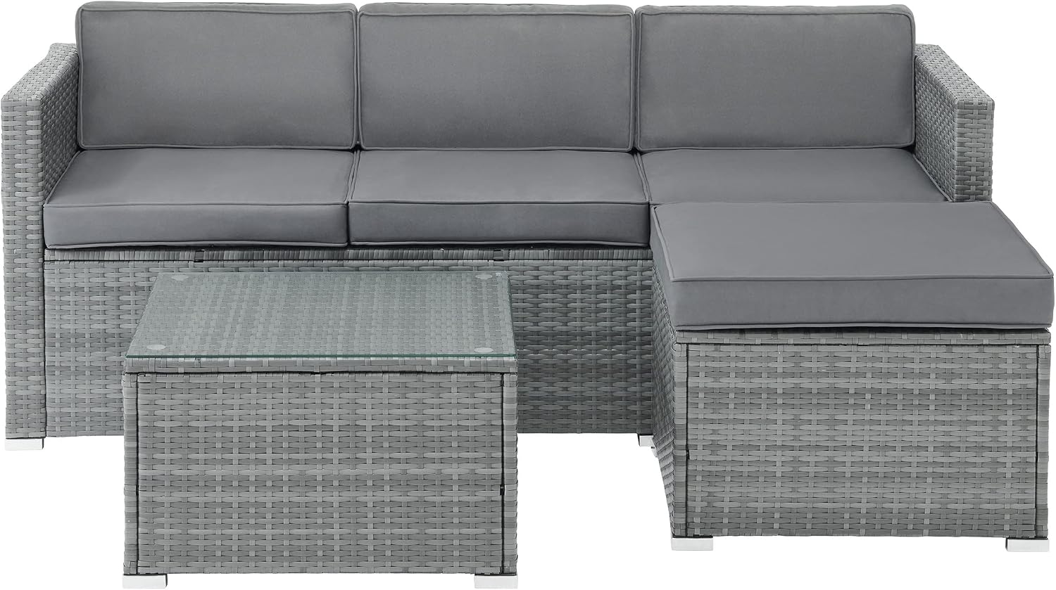 Patio Furniture Set - 3-Piece Rattan Outdoor Sectional, Ottoman, and Table Combo - Deck, Pool, Sunroom, or Backyard Furniture by Lavish Home (Gray)
