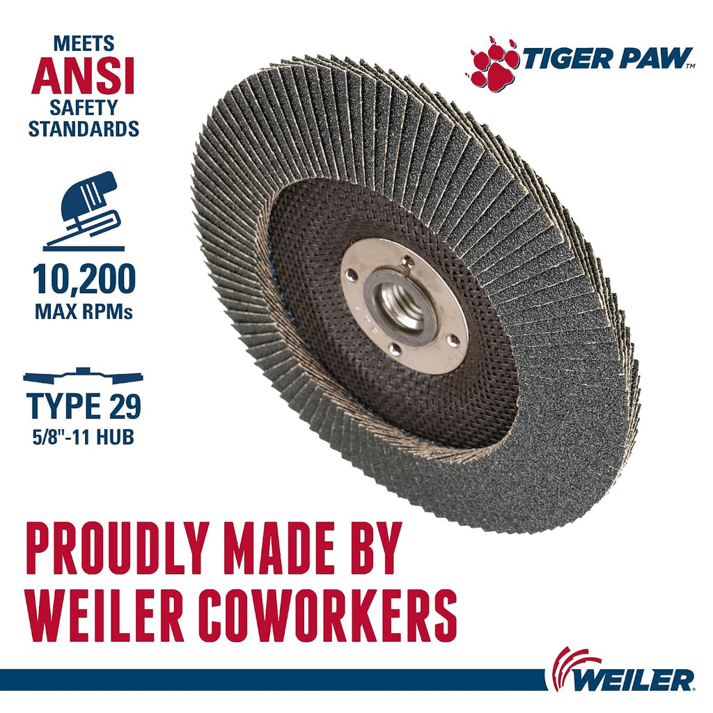 Weiler 51180 6' Tiger Paw Abrasive Flap Disc, Conical (TY29), Phenolic Backing, 60Z, 5/8'-11 UNC Nut (Pack of 10)